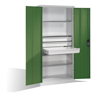 Armoire à outils C+P à portes battantes, 3 tablettes et 3 tiroirs, H1950xL930xP500mm Façade vert réséda Corps gris clair