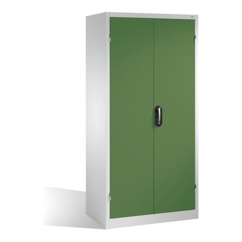 Armoire à outils C+P à portes battantes, 3 tablettes et 3 tiroirs, H1950xL930xP600mm Façade vert réséda Corps gris clair