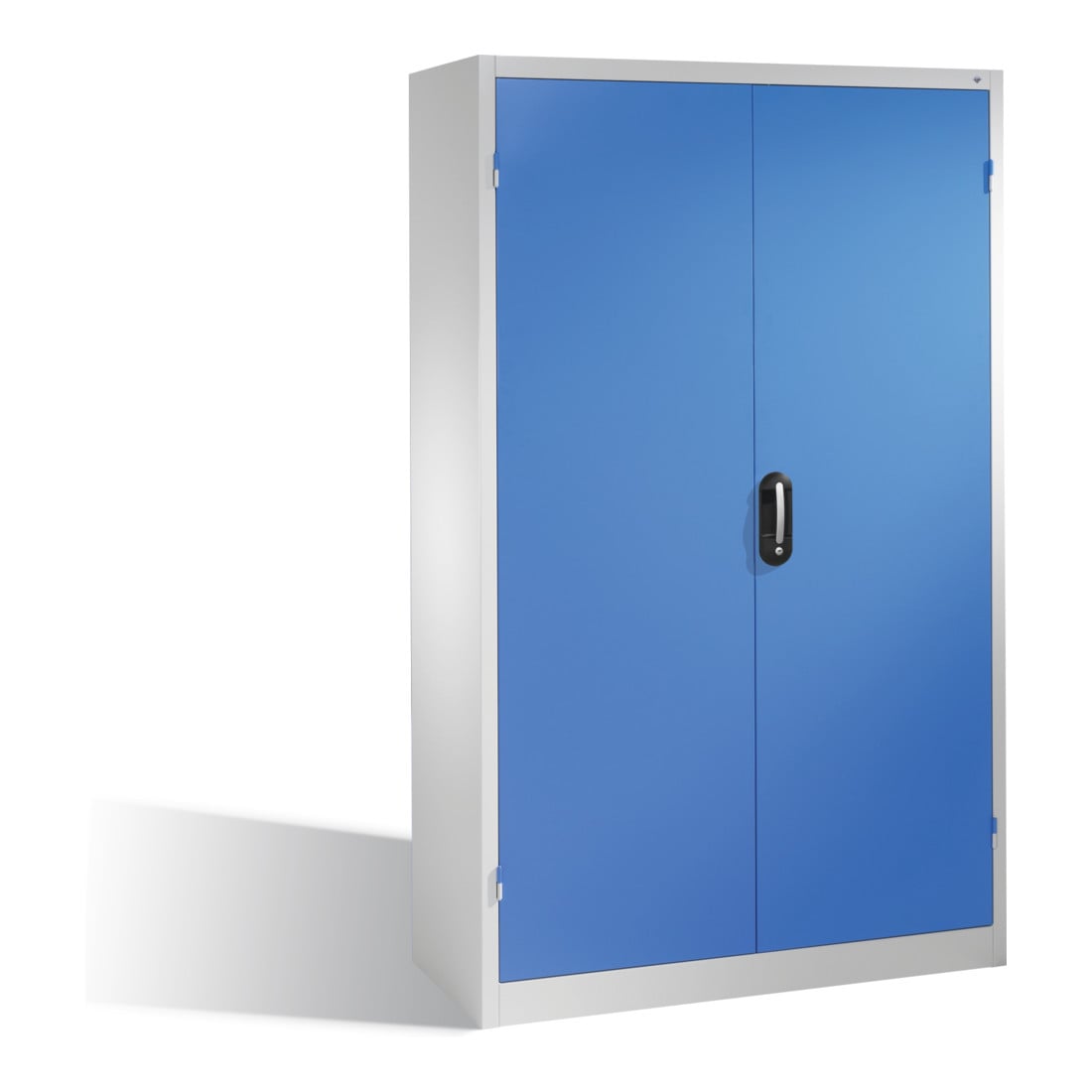 Armoire à outils C+P à portes battantes, 4 tablettes et 3 tiroirs, H1950xL1200xP400mm Façade bleu clair Corps gris clair