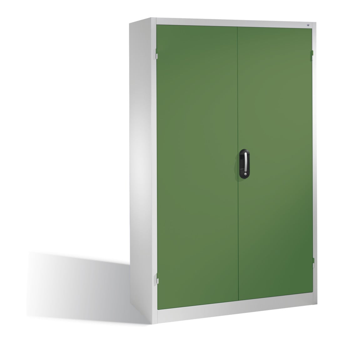 Armoire à outils C+P à portes battantes, 4 tablettes et 3 tiroirs, H1950xL1200xP400mm Façade vert réséda Corps gris clair