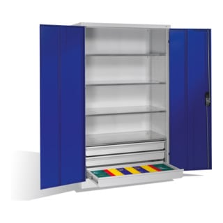 Armoire à outils C+P à portes battantes, 4 tablettes et 3 tiroirs, H1950xL1200xP600mm Façade bleu gentiane Corps gris clair