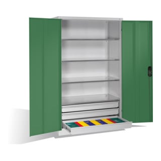 Armoire à outils C+P à portes battantes, 4 tablettes et 3 tiroirs, H1950xL1200xP600mm Façade vert réséda Corps gris clair
