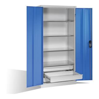 Armoire à outils C+P à portes battantes, 4 tablettes et 3 tiroirs, H1950xL930xP500mm Façade bleu clair Corps gris clair