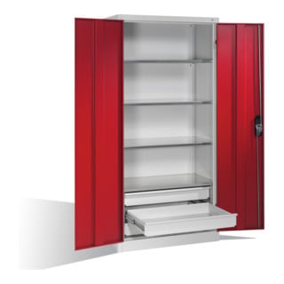 Armoire à outils C+P à portes battantes, 4 tablettes et 3 tiroirs, H1950xL930xP500mm Façade rouge rubis Corps gris clair