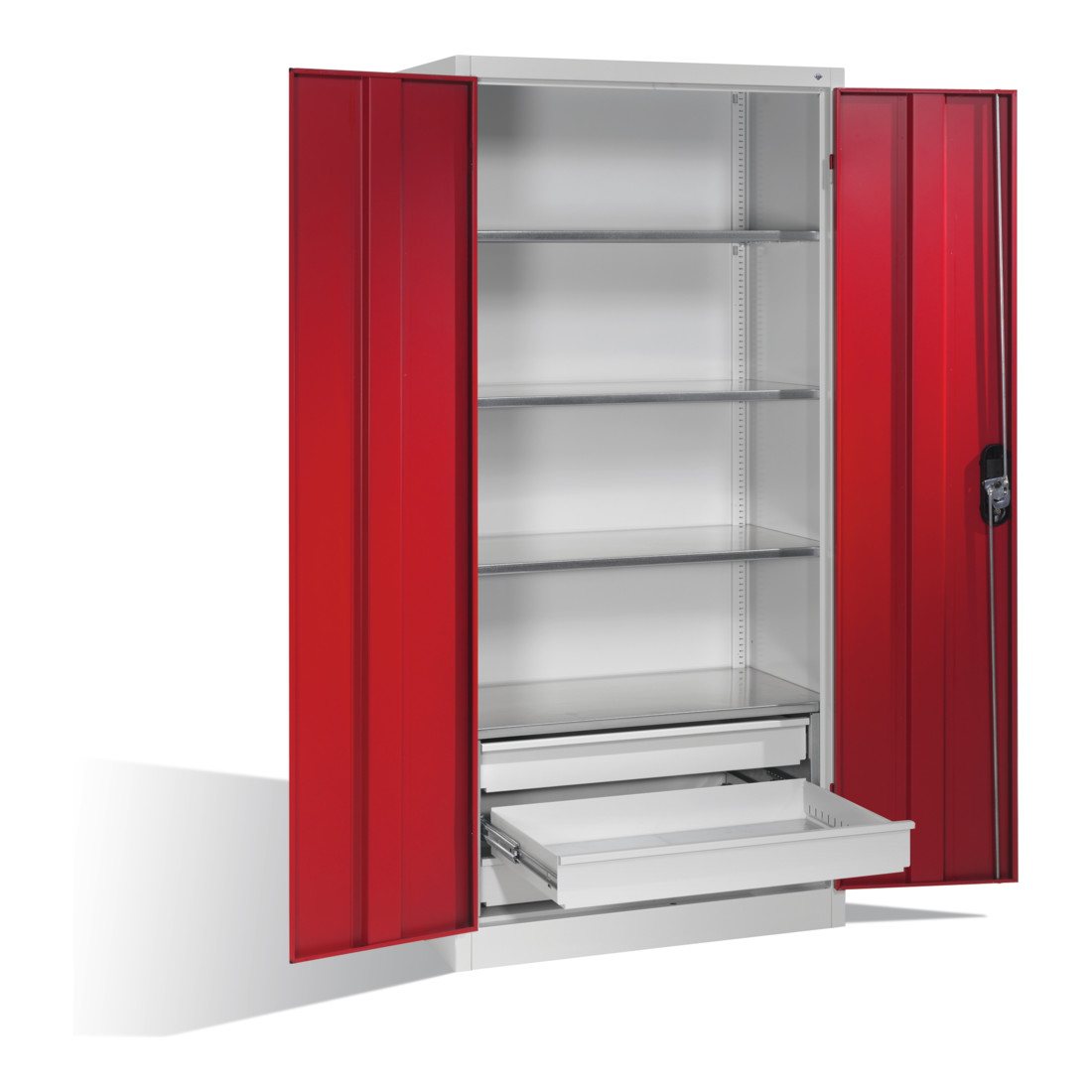 Armoire à outils C+P à portes battantes, 4 tablettes et 3 tiroirs, H1950xL930xP500mm Façade rouge rubis Corps gris clair