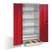 Armoire à outils C+P à portes battantes, 4 tablettes et 3 tiroirs, H1950xL930xP600mm Façade rouge rubis Corps gris clair