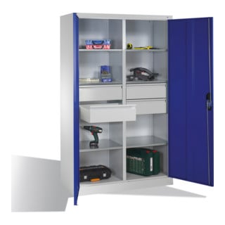 Armoire à outils C+P à portes battantes, 6 tablettes, 4 tiroirs, H1950xL1200xP500mm Façade bleu gentiane Corps gris clair