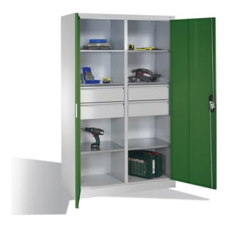 Armoire à outils C+P à portes battantes, 6 tablettes, 4 tiroirs, H1950xL1200xP500mm Façade vert réséda Corps gris clair