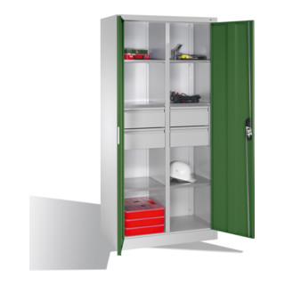 Armoire à outils C+P à portes battantes, 6 tablettes, 4 tiroirs, H1950xL930xP500mm Façade vert réséda Corps gris clair