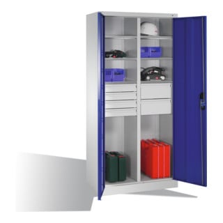 Armoire à outils C+P à portes battantes, 6 tablettes, 6 tiroirs, H1950xL930xP500mm Façade bleu gentiane Corps gris clair