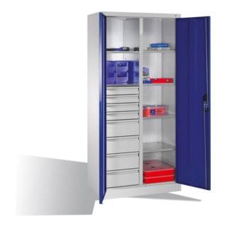 Armoire à outils C+P à portes battantes, 6 tablettes, 8 tiroirs, H1950xL930xP500mm Façade bleu gentiane Corps gris clair