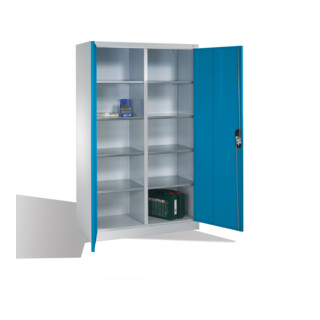 Armoire à outils C+P avec portes battantes, 10 compartiments intérieurs, H1950xL1200xP500mm Façade bleu clair Corps gris clair