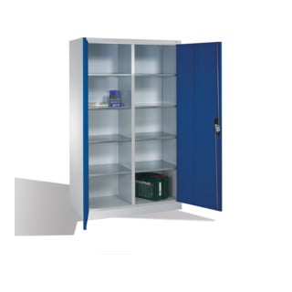 Armoire à outils C+P avec portes battantes, 10 compartiments intérieurs, H1950xL1200xP500mm Façade bleu gentiane Corps gris clair
