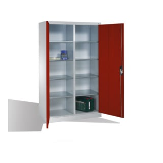 Armoire à outils C+P avec portes battantes, 10 compartiments intérieurs, H1950xL1200xP500mm Façade rouge rubis Corps gris clair