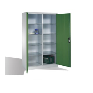 Armoire à outils C+P avec portes battantes, 10 compartiments intérieurs, H1950xL1200xP500mm Façade vert réséda Corps gris clair