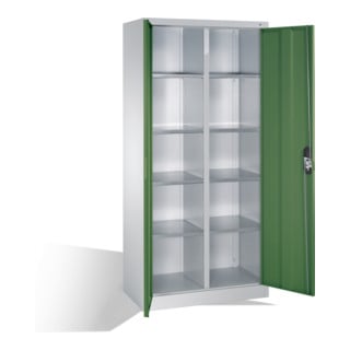 Armoire à outils C+P avec portes battantes, 10 compartiments intérieurs, H1950xL930xP500mm Façade vert réséda Corps gris clair