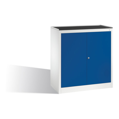 Armoire à outils C+P avec portes battantes, 2 étagères et tiroir, H1020xL940xP500mm façade gentiane bleu clair corps gris clair