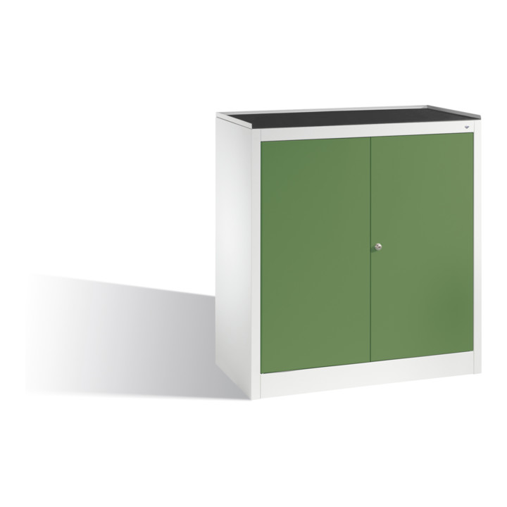 Armoire à outils C+P avec portes battantes, 2 étagères et tiroir, H1020xL940xP500mm Face avant Caisson Reseda vert clair gris clair