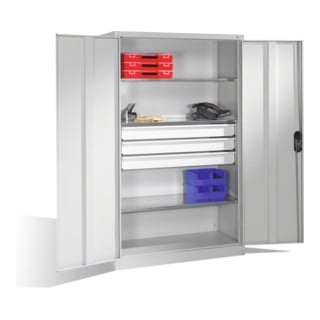 Armoire à outils C+P avec portes battantes, 3 tablettes et 3 tiroirs, H1950xL1200xP500mm Façade gris clair Corps gris clair