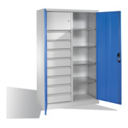 Armoire à outils C+P avec portes battantes, 4 tablettes, 8 tiroirs, casier pour objets de valeur, H1950xL1200xP500mm Façade bleu clair Corps gris clair