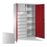 Armoire à outils C+P avec portes battantes, 4 tablettes, 8 tiroirs, casier pour objets de valeur, H1950xL1200xP500mm Façade rouge rubis Corps gris clair
