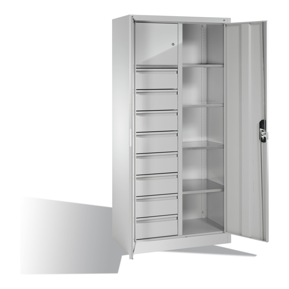 Armoire à outils C+P avec portes battantes, 4 tablettes, 8 tiroirs, casier pour objets de valeur, H1950xL930xP500mm Façade gris clair Corps gris clair