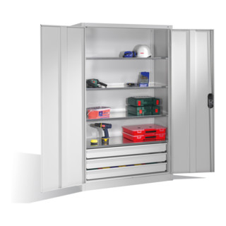Armoire à outils C+P avec portes battantes, 4 tablettes et 3 tiroirs, H1950xL1200xP500mm Façade gris clair Corps gris clair