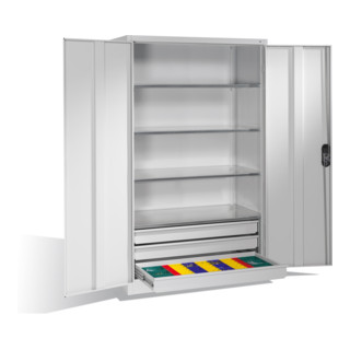 Armoire à outils C+P avec portes battantes, 4 tablettes et 3 tiroirs, H1950xL1200xP600mm Façade gris clair Corps gris clair