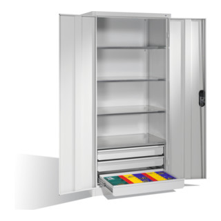 Armoire à outils C+P avec portes battantes, 4 tablettes et 3 tiroirs, H1950xL930xP600mm Façade gris clair Corps gris clair