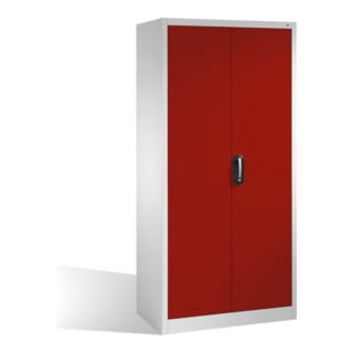 Armoire à outils C+P avec portes battantes, 4 tablettes et tringle de vestiaire, H1950xL930xP500mm Façade rouge rubis Corps gris clair