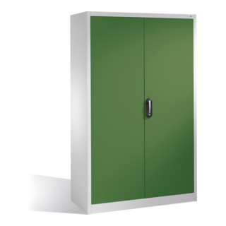 Armoire à outils C+P avec portes battantes, 4 tablettes intérieures, H1950xL1200xP500mm Façade vert réséda Corps gris clair