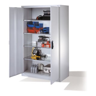 Armoire à outils C+P avec portes battantes, 4 tablettes intérieures, H1950xL1200xP600mm Façade gris clair Corps gris clair