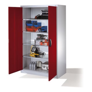 Armoire à outils C+P avec portes battantes, 4 tablettes intérieures, H1950xL1200xP600mm Façade rouge rubis Corps gris clair