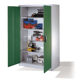 Armoire à outils C+P avec portes battantes, 4 tablettes intérieures, H1950xL1200xP600mm Façade vert réséda Corps gris clair