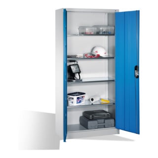Armoire à outils C+P avec portes battantes, 4 tablettes intérieures, H1950xL930xP400mm Façade bleu clair Corps gris clair