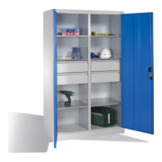 Armoire à outils C+P avec portes battantes, 6 tablettes, 4 tiroirs, H1950xL1200xP500mm Façade bleu clair Corps gris clair