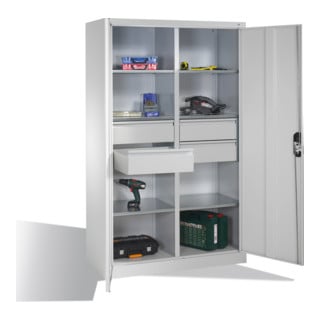 Armoire à outils C+P avec portes battantes, 6 tablettes, 4 tiroirs, H1950xL1200xP500mm Façade gris clair Corps gris clair