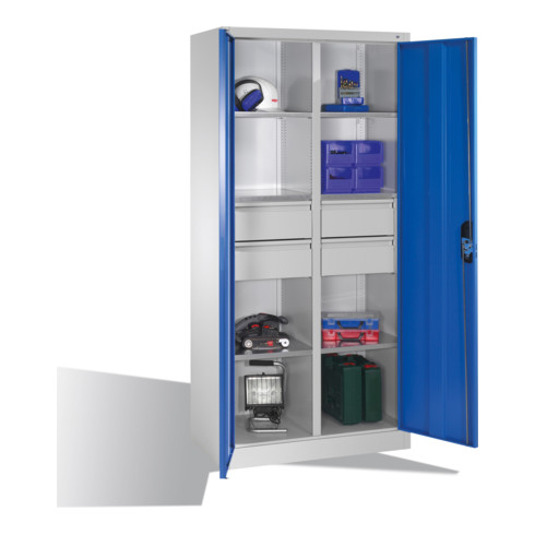 Armoire à outils C+P avec portes battantes, 6 tablettes, 4 tiroirs, H1950xL930xP500mm Façade bleu clair Corps gris clair