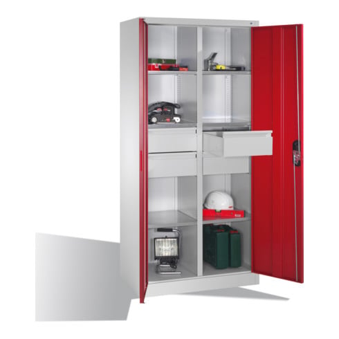 Armoire à outils C+P avec portes battantes, 6 tablettes, 4 tiroirs, H1950xL930xP500mm Façade rouge rubis Corps gris clair