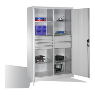 Armoire à outils C+P avec portes battantes, 6 tablettes, 6 tiroirs, H1950xL1200xP500mm, gris clair