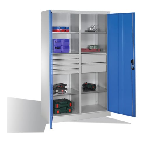 Armoire à outils C+P avec portes battantes, 6 tablettes, 6 tiroirs, H1950xL1200xP500mm, gris clair/bleu clair