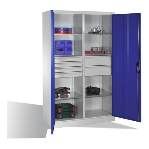 Armoire à outils C+P avec portes battantes, 6 tablettes, 6 tiroirs, H1950xL1200xP500mm, gris clair/bleu gentiane