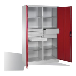 Armoire à outils C+P avec portes battantes, 6 tablettes, 6 tiroirs, H1950xL1200xP500mm, gris clair/rouge rubis