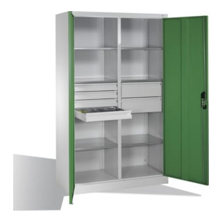 Armoire à outils C+P avec portes battantes, 6 tablettes, 6 tiroirs, H1950xL1200xP500mm, gris clair/vert réséda