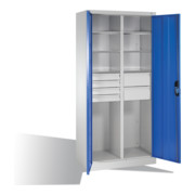 Armoire à outils C+P avec portes battantes, 6 tablettes, 6 tiroirs, H1950xL930xP500mm Façade bleu clair Corps gris clair