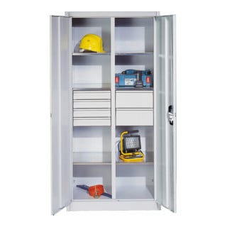 Armoire à outils C+P avec portes battantes, 6 tablettes, 6 tiroirs, H1950xL930xP500mm Façade gris clair Corps gris clair