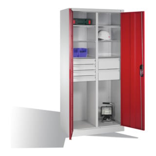 Armoire à outils C+P avec portes battantes, 6 tablettes, 6 tiroirs, H1950xL930xP500mm Façade rouge rubis Corps gris clair