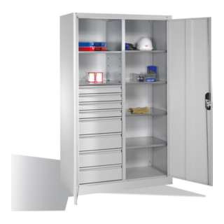 Armoire à outils C+P avec portes battantes, 6 tablettes, 8 tiroirs, H1950xL1200xP500mm, gris clair