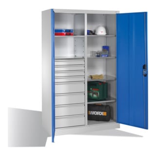 Armoire à outils C+P avec portes battantes, 6 tablettes, 8 tiroirs, H1950xL1200xP500mm, gris clair/bleu clair