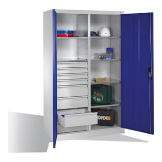 Armoire à outils C+P avec portes battantes, 6 tablettes, 8 tiroirs, H1950xL1200xP500mm, gris clair/bleu gentiane